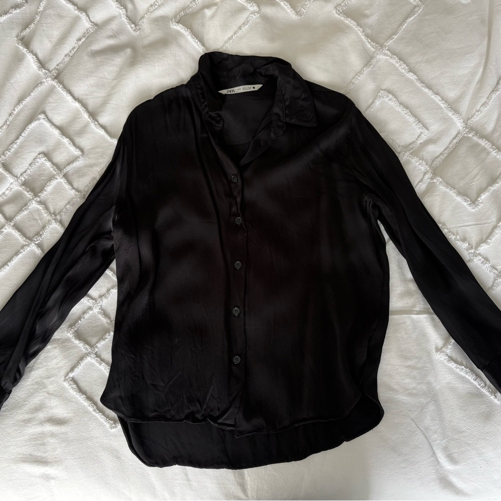 Zara Black Satin Button Down Shirt Top